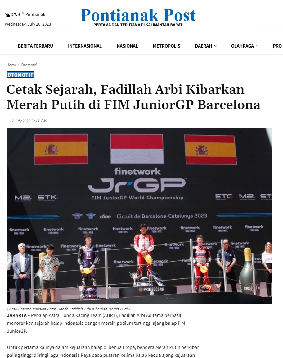 Cetak Sejarah Fadillah Arbi Kibarkan Merah Putih Di FIM JuniorGP