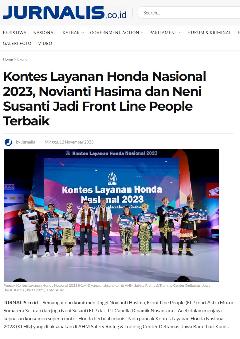 Kontes Layanan Honda Nasional 2023 Novianti Hasima Dan Neni Susanti