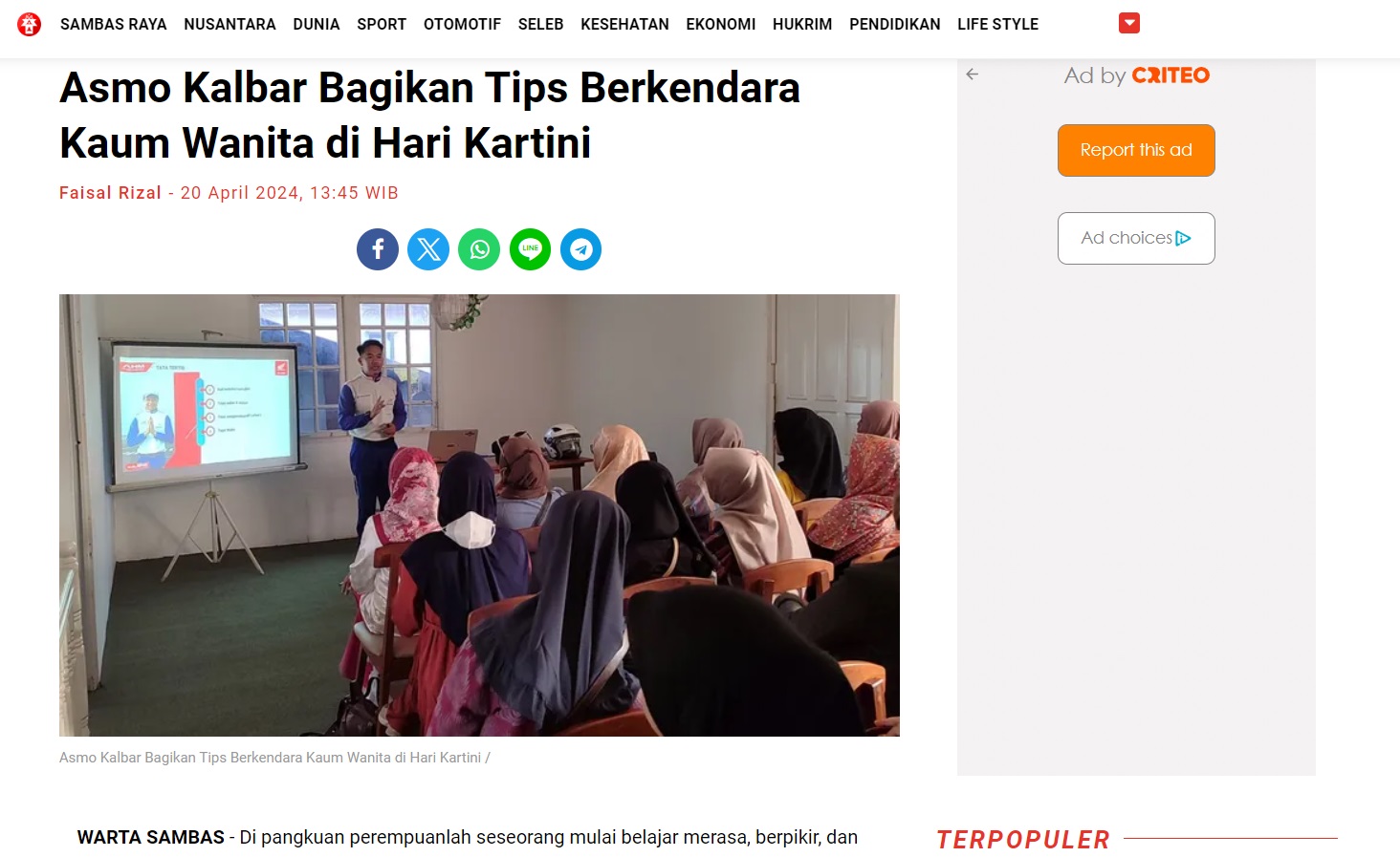 Asmo Kalbar Bagikan Tips Berkendara Kaum Wanita Di Hari Kartini Astra