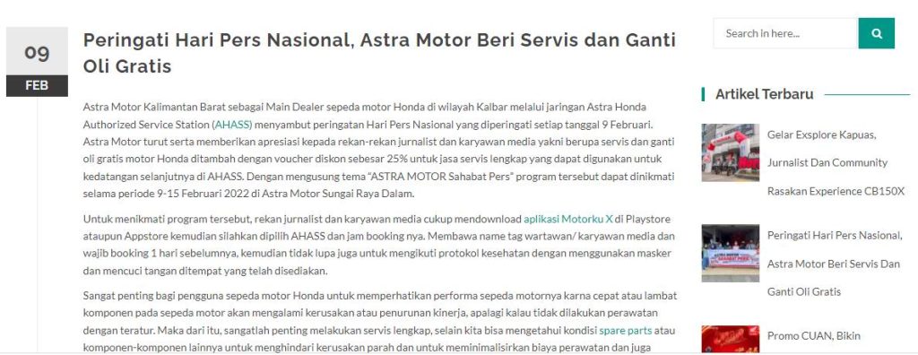 Peringati Hari Pers Nasional, Astra Motor Beri Servis dan Ganti Oli Gratis