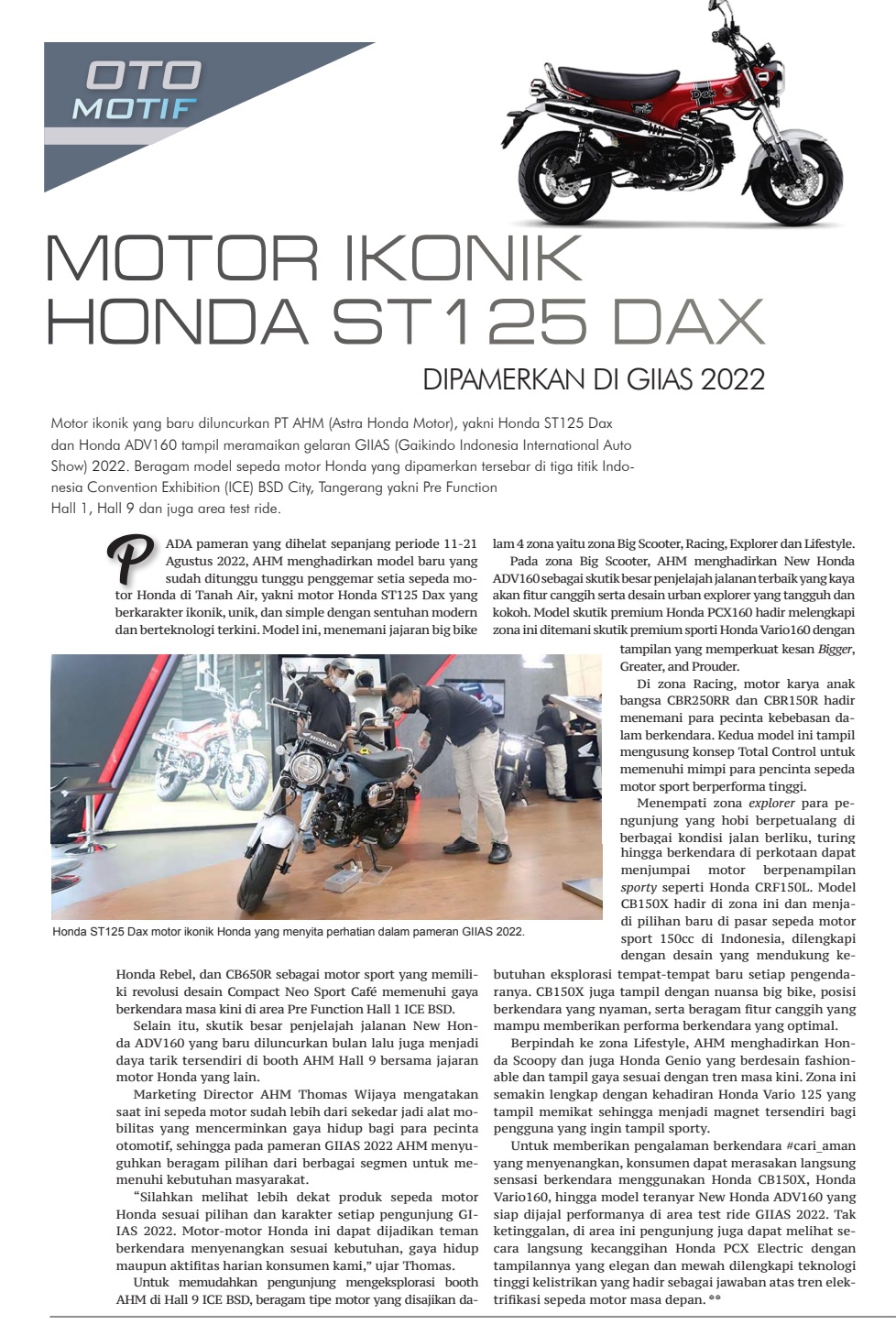 MOTOR IKONIK HONDA ST125 DAX DIPAMERKAN DI GIIAS 2022 – Astra Motor ...