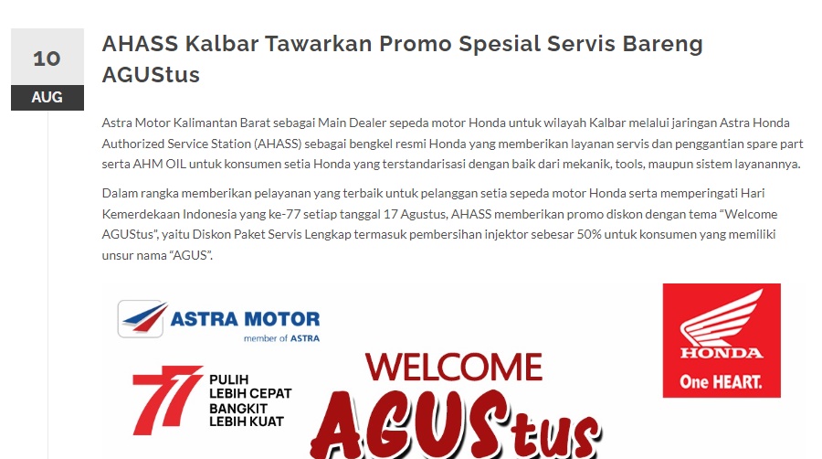 AHASS Kalbar Tawarkan Promo Spesial Servis Bareng AGUStus