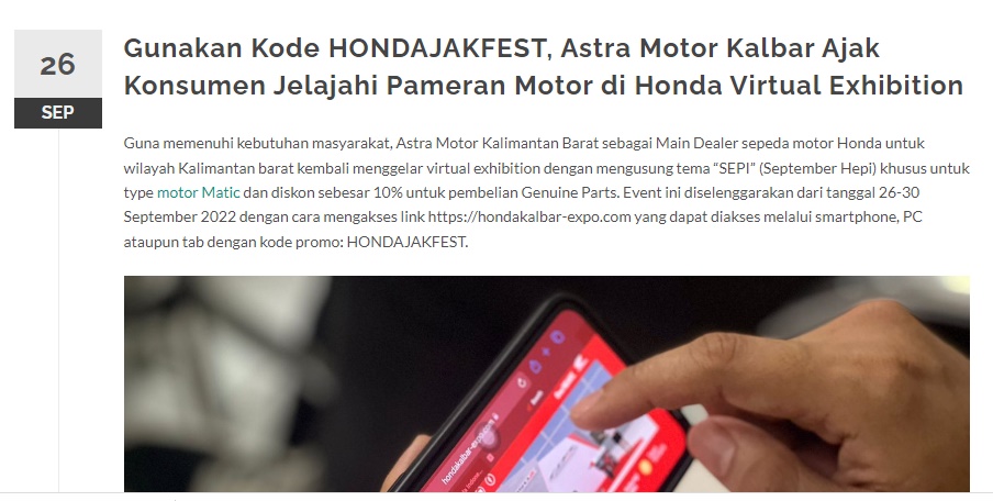 Gunakan Kode HONDAJAKFEST, Astra Motor Kalbar Ajak Konsumen Jelajahi Pameran Motor di Honda Virtual Exhibition