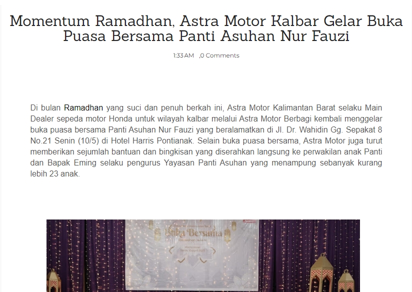 Momentum Ramadhan, Astra Motor Kalbar Gelar Buka Puasa Bersama Panti Asuhan Nur Fauzi
