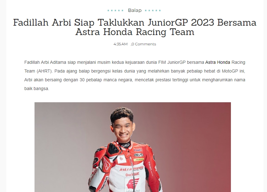 Fadillah Arbi Siap Taklukkan JuniorGP 2023 Bersama Astra Honda Racing Team