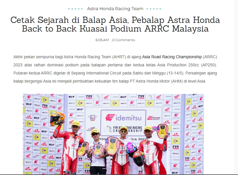 Cetak Sejarah di Balap Asia, Pebalap Astra Honda Back to Back Kuasai Podium ARRC Malaysia