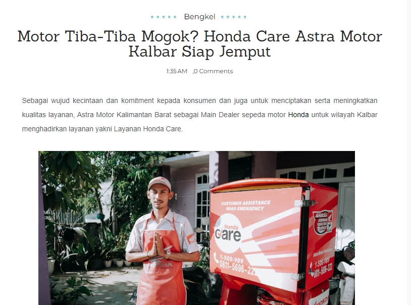 Motor Tiba-Tiba Mogok? Honda Care Astra Motor Kalbar Siap Jemput