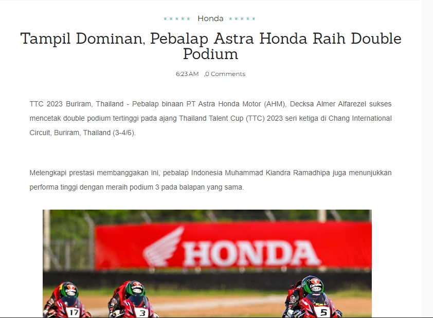 Tampil Dominan, Pebalap Astra Honda Raih Double Podium