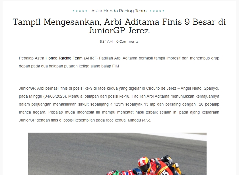 Tampil Mengesankan, Arbi Aditama Finis 9 Besar di JuniorGP Jerez.