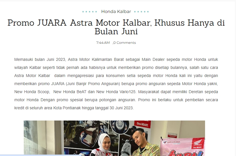 Promo JUARA Astra Motor Kalbar, Khusus Hanya di Bulan Juni