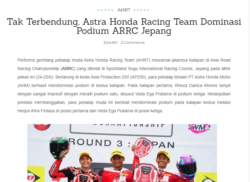 Tak Terbendung, Astra Honda Racing Team Dominasi Podium ARRC Jepang
