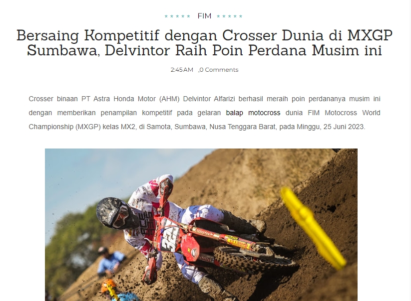 Bersaing Kompetitif dengan Crosser Dunia di MXGP Sumbawa, Delvintor Raih Poin Perdana Musim ini