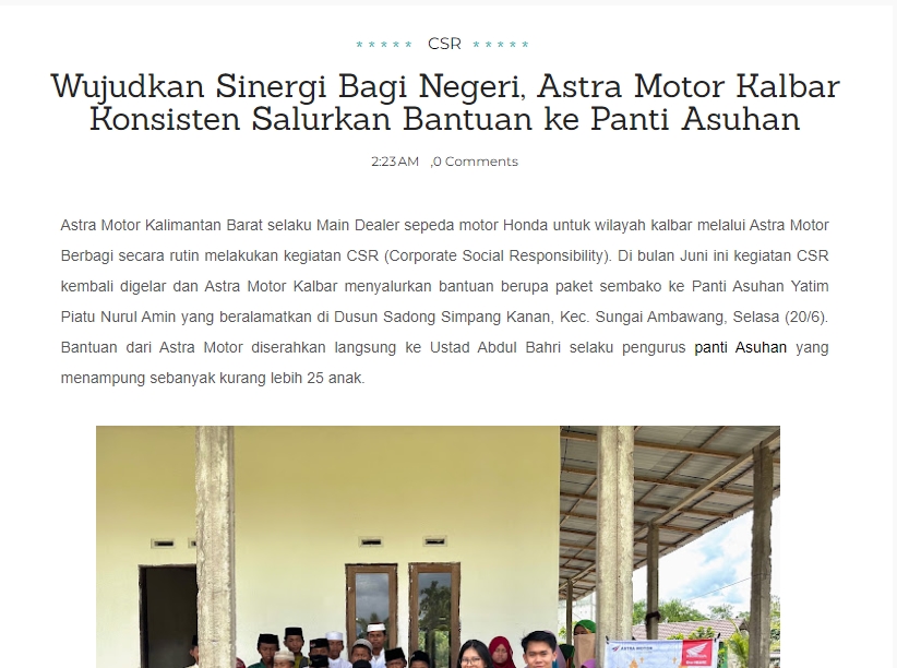 Wujudkan Sinergi Bagi Negeri, Astra Motor Kalbar Konsisten Salurkan Bantuan ke Panti Asuhan