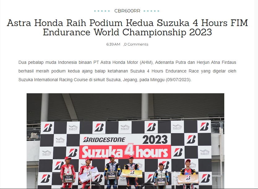 Astra Honda Raih Podium Kedua Suzuka 4 Hours FIM Endurance World Championship 2023