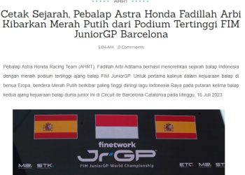 Cetak Sejarah, Pebalap Astra Honda Fadillah Arbi Kibarkan Merah Putih dari Podium Tertinggi FIM JuniorGP Barcelona