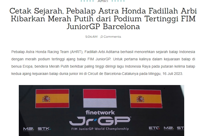 Cetak Sejarah, Pebalap Astra Honda Fadillah Arbi Kibarkan Merah Putih dari Podium Tertinggi FIM JuniorGP Barcelona