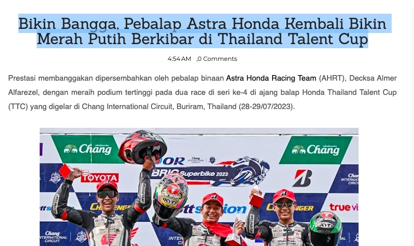 Bikin Bangga, Pebalap Astra Honda Kembali Bikin Merah Putih Berkibar di Thailand Talent Cup