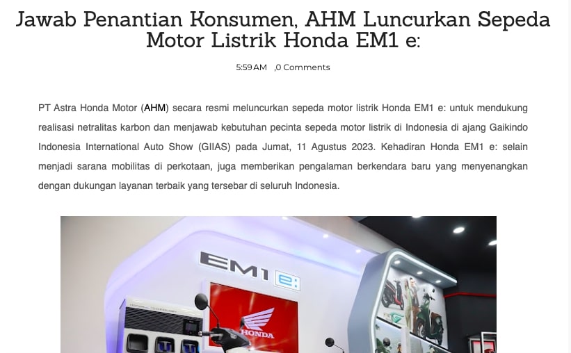 Jawab Penantian Konsumen, AHM Luncurkan Sepeda Motor Listrik Honda EM1 e: