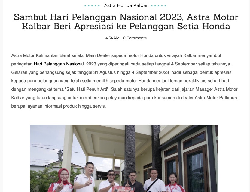 Sambut Hari Pelanggan Nasional 2023, Astra Motor Kalbar Beri Apresiasi ke Pelanggan Setia Honda