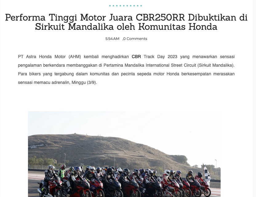 Performa Tinggi Motor Juara CBR250RR Dibuktikan di Sirkuit Mandalika oleh Komunitas Honda