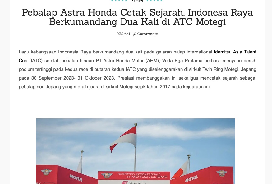 Pebalap Astra Honda Cetak Sejarah, Indonesa Raya Berkumandang Dua Kali di ATC Motegi