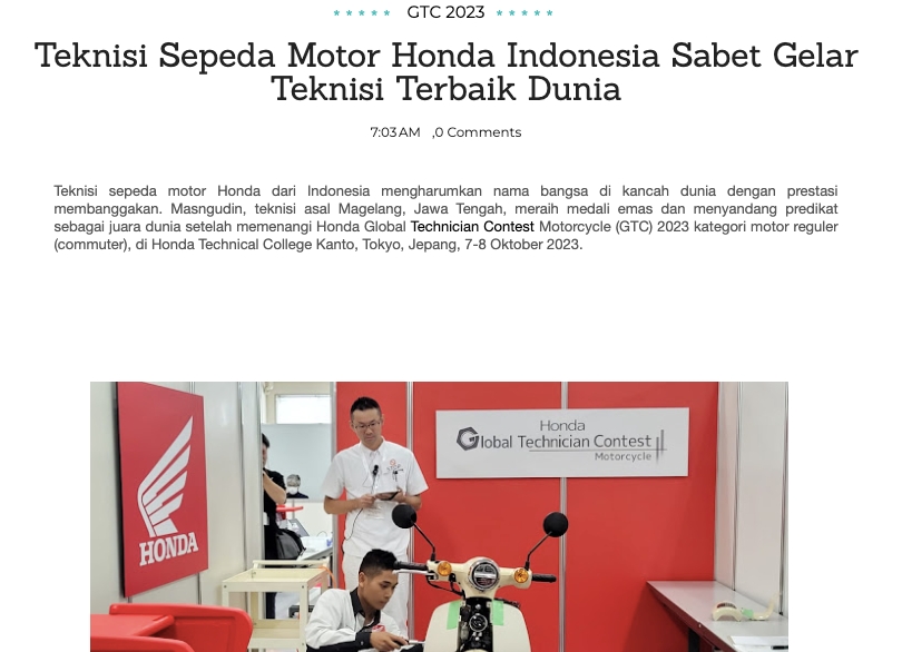 Teknisi Sepeda Motor Honda Indonesia Sabet Gelar Teknisi Terbaik Dunia