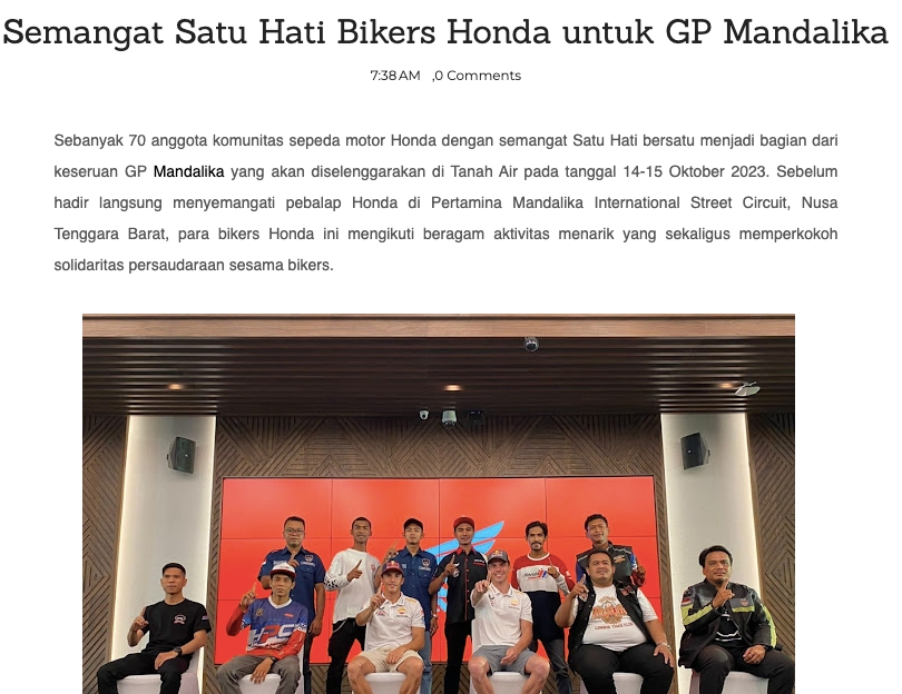 Semangat Satu Hati Bikers Honda untuk GP Mandalika