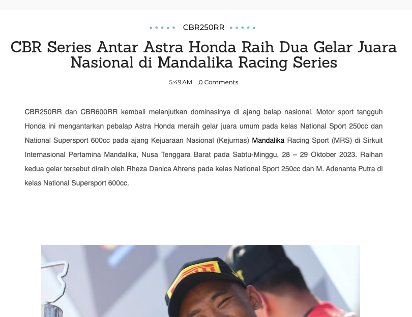 CBR Series Antar Astra Honda Raih Dua Gelar Juara Nasional di Mandalika Racing Series