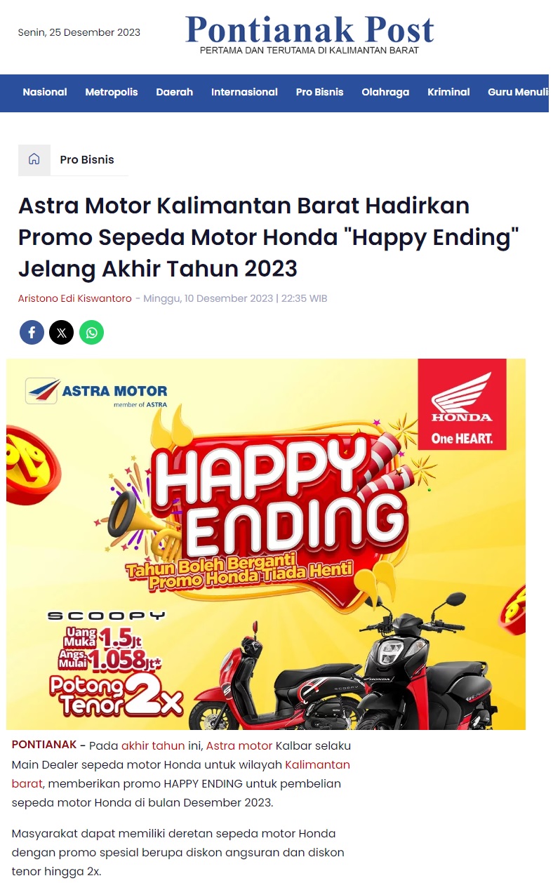 Astra Motor Kalimantan Barat Hadirkan Promo Sepeda Motor Honda Happy