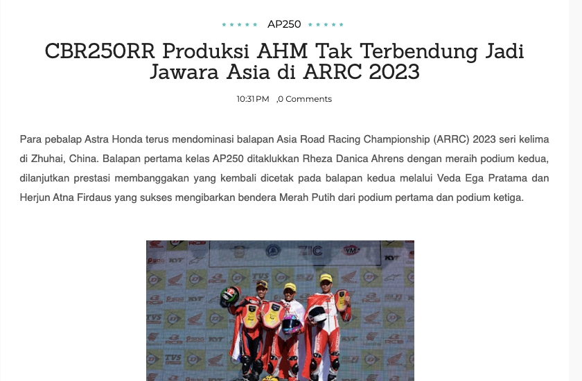 CBR250RR Produksi AHM Tak Terbendung Jadi Jawara Asia di ARRC 2023