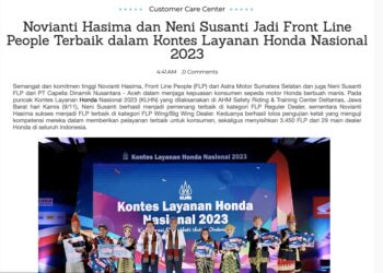 Novianti Hasima dan Neni Susanti Jadi Front Line People Terbaik dalam Kontes Layanan Honda Nasional 2023