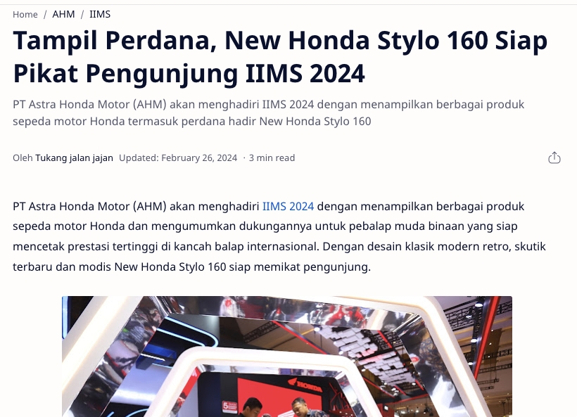 Tampil Perdana, New Honda Stylo 160 Siap Pikat Pengunjung IIMS 2024
