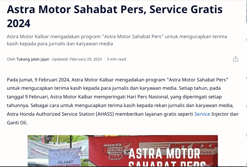 Astra Motor Sahabat Pers, Service Gratis 2024