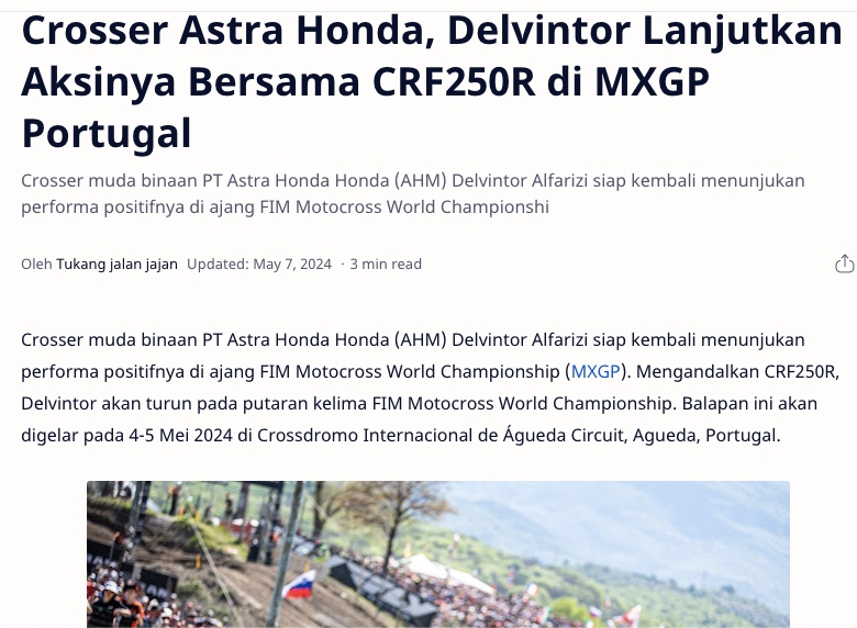 Crosser Astra Honda, Delvintor Lanjutkan Aksinya Bersama CRF250R di MXGP Portugal