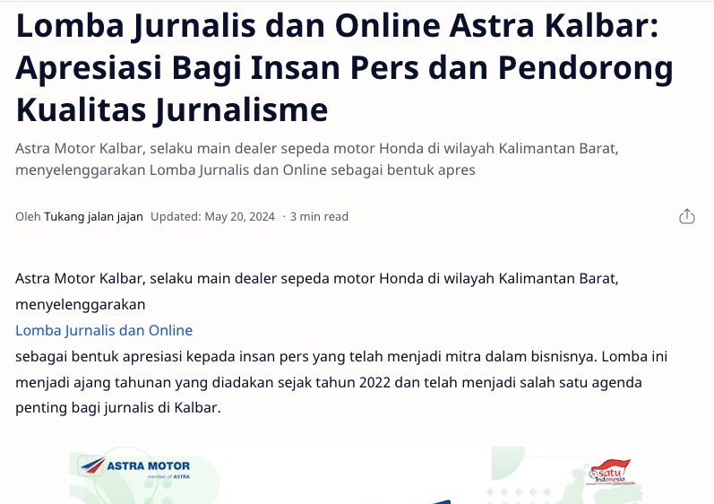 Lomba Jurnalis dan Online Astra Kalbar: Apresiasi Bagi Insan Pers dan Pendorong Kualitas Jurnalisme