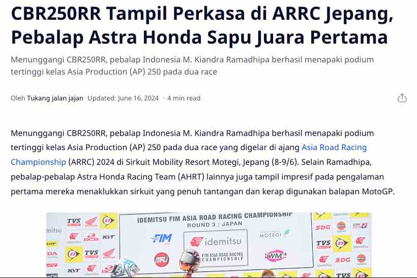 CBR250RR Tampil Perkasa di ARRC Jepang, Pebalap Astra Honda Sapu Juara Pertama