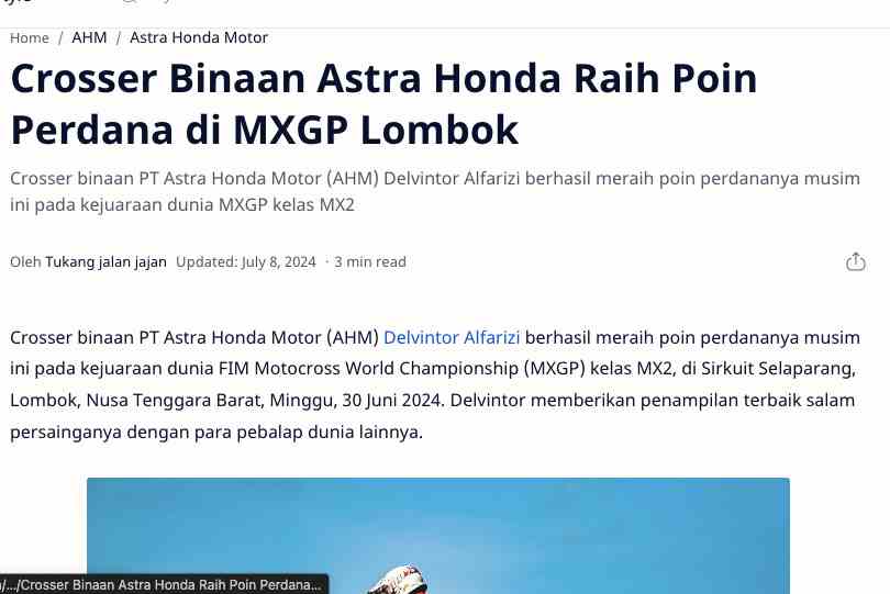 Crosser Binaan Astra Honda Raih Poin Perdana di MXGP Lombok