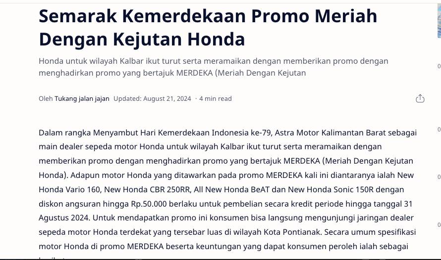 Semarak Kemerdekaan Promo Meriah Dengan Kejutan Honda