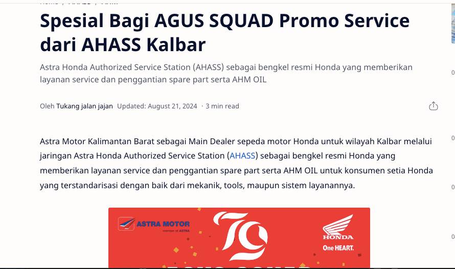 Spesial Bagi AGUS SQUAD Promo Service dari AHASS Kalbar