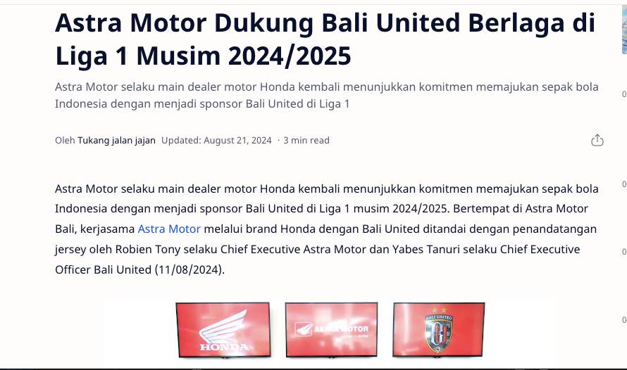 Astra Motor Dukung Bali United Berlaga di Liga 1 Musim 2024/2025