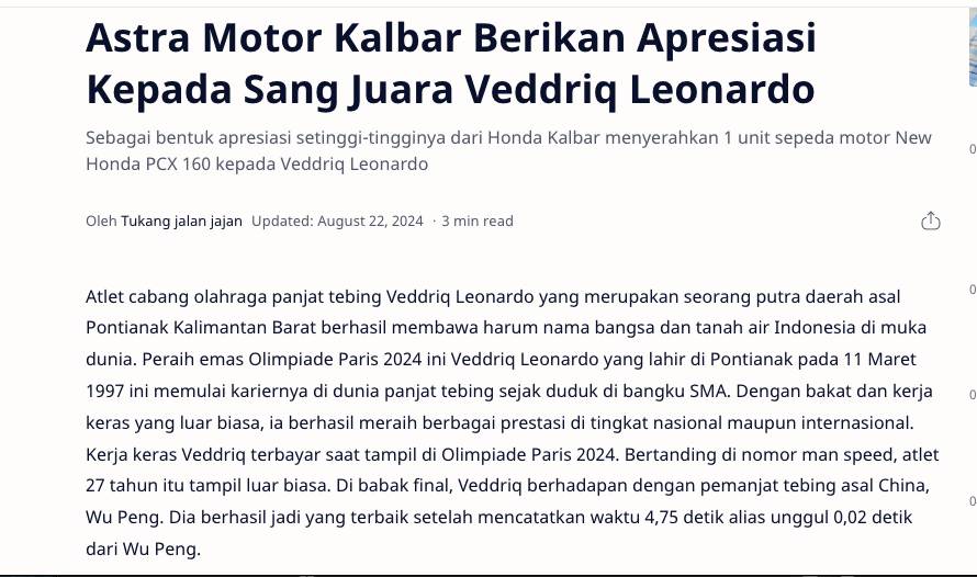 Astra Motor Kalbar Berikan Apresiasi Kepada Sang Juara Veddriq Leonardo