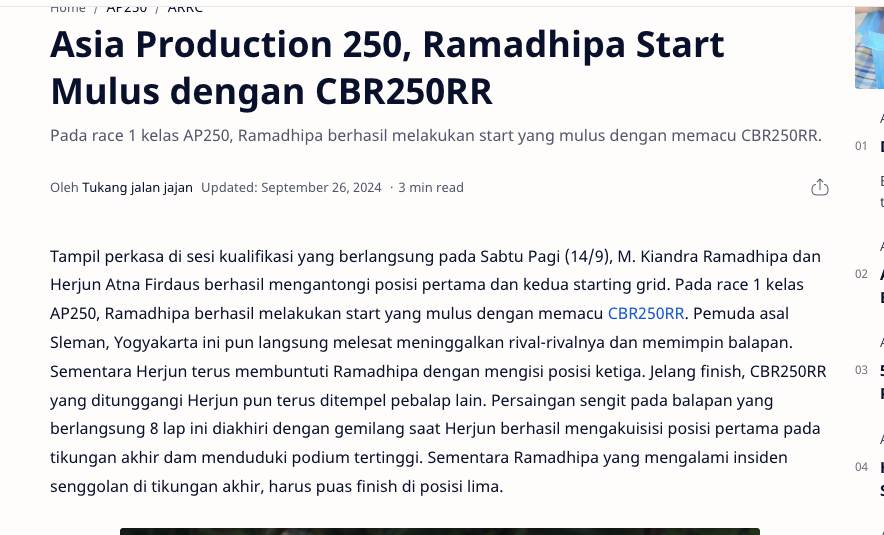 Asia Production 250, Ramadhipa Start Mulus dengan CBR250RR