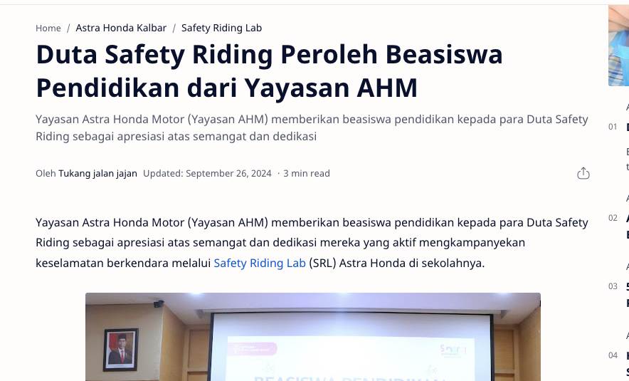 Duta Safety Riding Peroleh Beasiswa Pendidikan dari Yayasan AHM