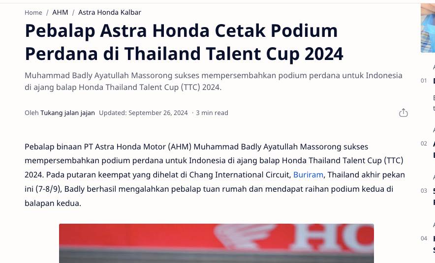 Pebalap Astra Honda Cetak Podium Perdana di Thailand Talent Cup 2024