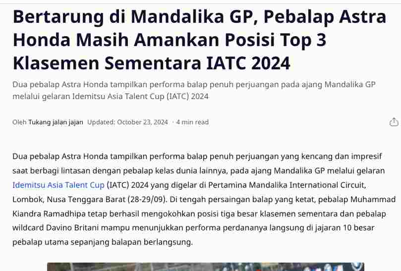 Bertarung di Mandalika GP, Pebalap Astra Honda Masih Amankan Posisi Top 3 Klasemen Sementara IATC 2024