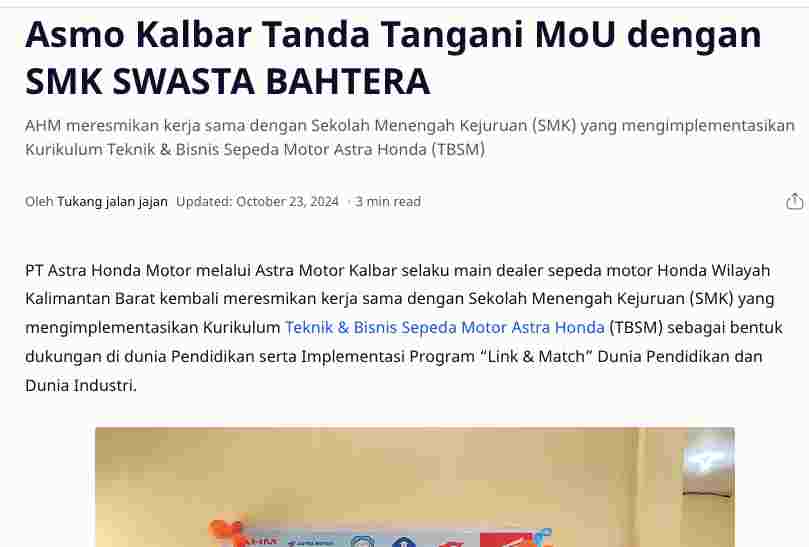 Asmo Kalbar Tanda Tangani MoU dengan SMK SWASTA BAHTERA