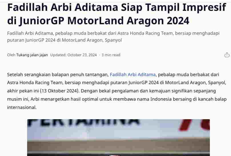 Fadillah Arbi Aditama Siap Tampil Impresif di JuniorGP MotorLand Aragon 2024