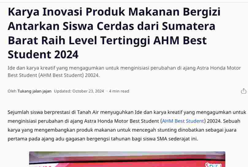 Karya Inovasi Produk Makanan Bergizi Antarkan Siswa Cerdas dari Sumatera Barat Raih Level Tertinggi AHM Best Student 2024