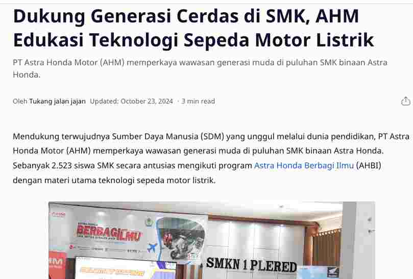 Dukung Generasi Cerdas di SMK, AHM Edukasi Teknologi Sepeda Motor Listrik