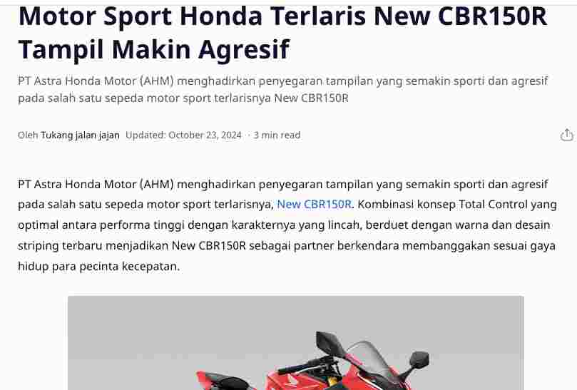 Motor Sport Honda Terlaris New CBR150R Tampil Makin Agresif